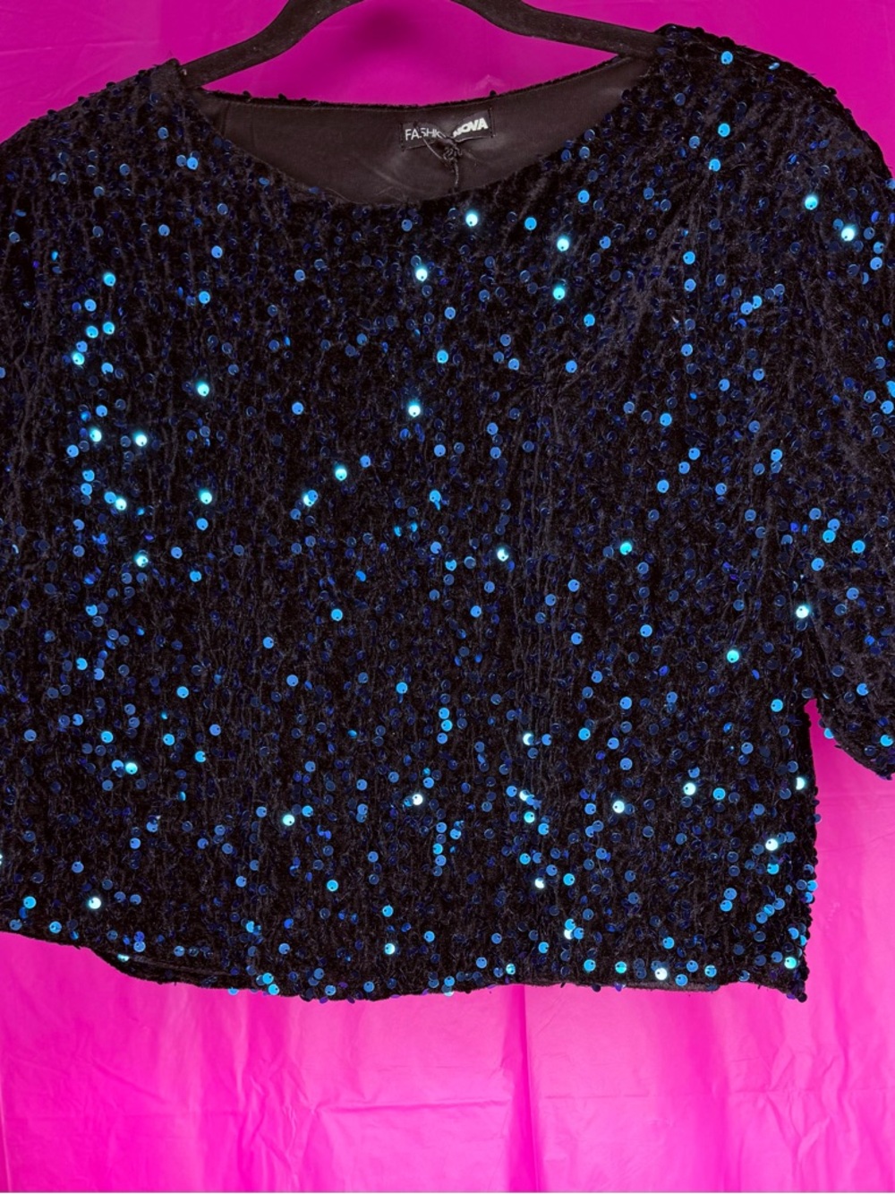 Fashion Nova Black Sequin Crop Top with Blue Accents